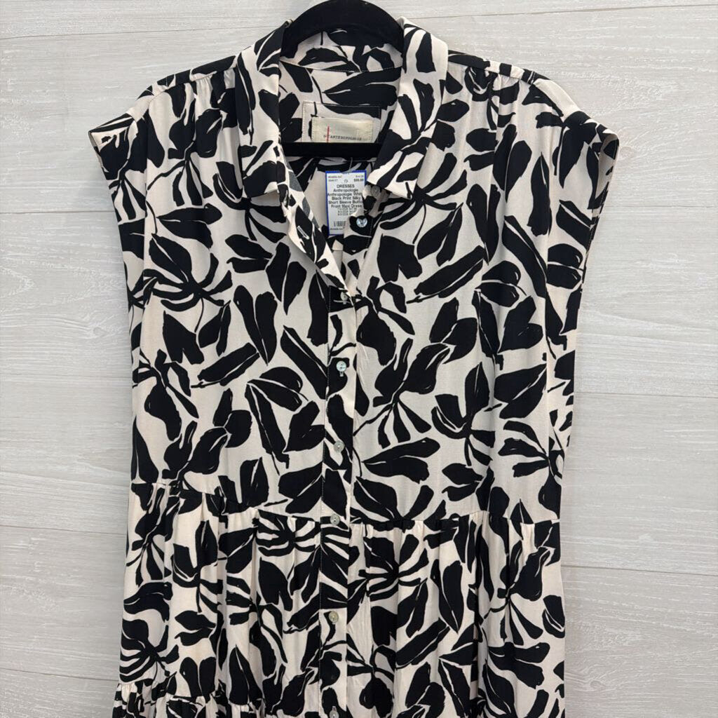 Anthropologie White/ Black Print Silky Short Sleeve Button Front Maxi Dress Medium