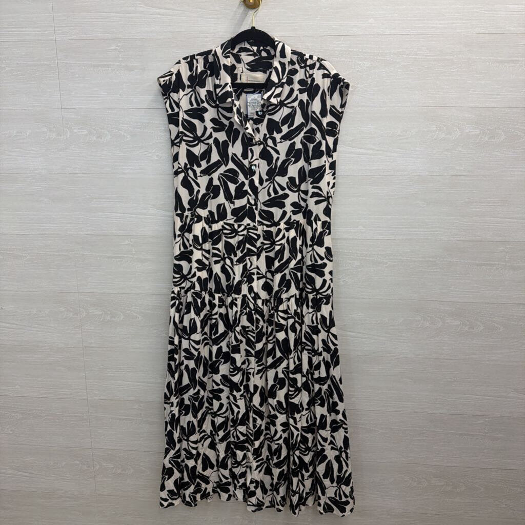 Anthropologie White/ Black Print Silky Short Sleeve Button Front Maxi Dress Medium