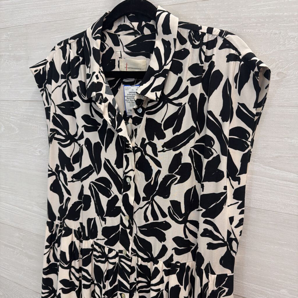 Anthropologie White/ Black Print Silky Short Sleeve Button Front Maxi Dress Medium