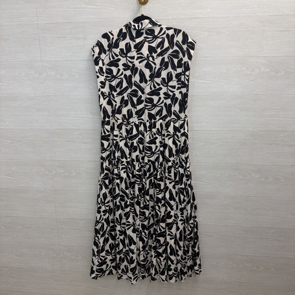 Anthropologie White/ Black Print Silky Short Sleeve Button Front Maxi Dress Medium