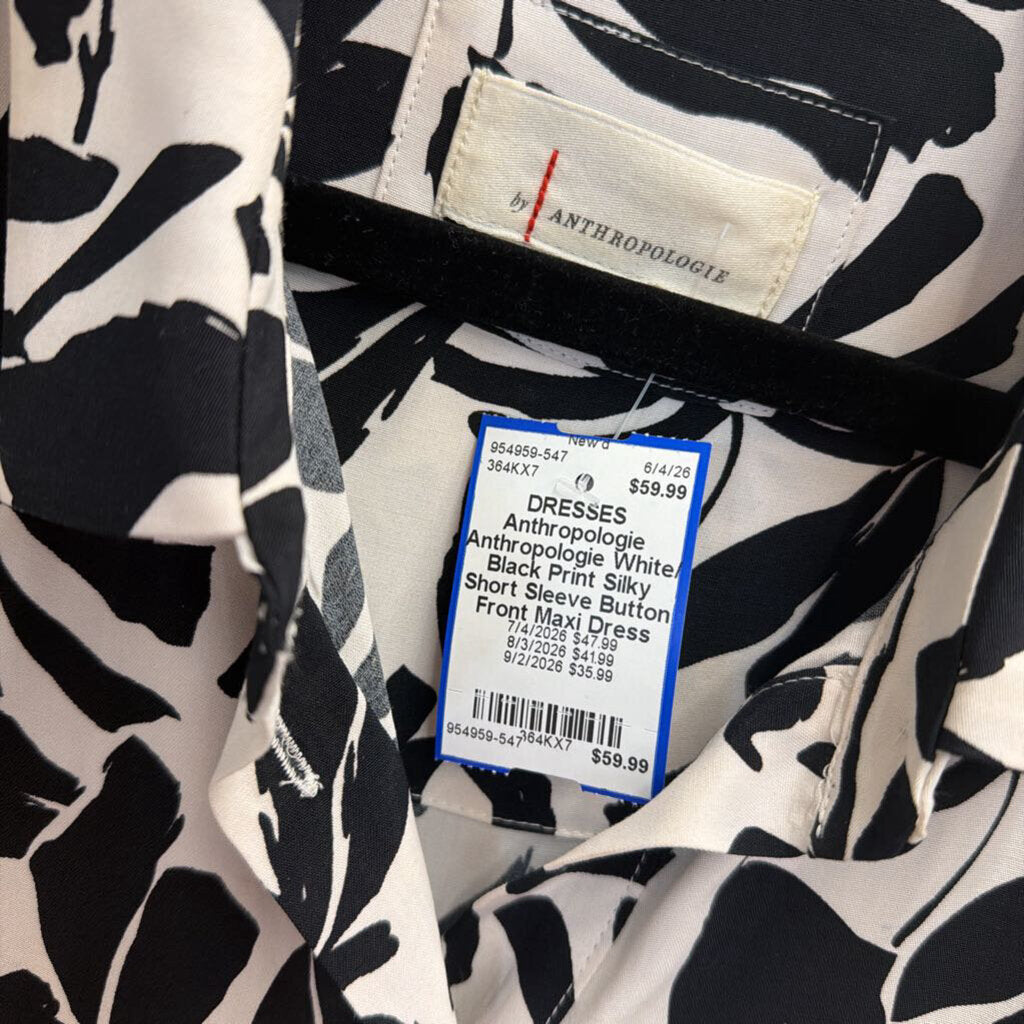Anthropologie White/ Black Print Silky Short Sleeve Button Front Maxi Dress Medium