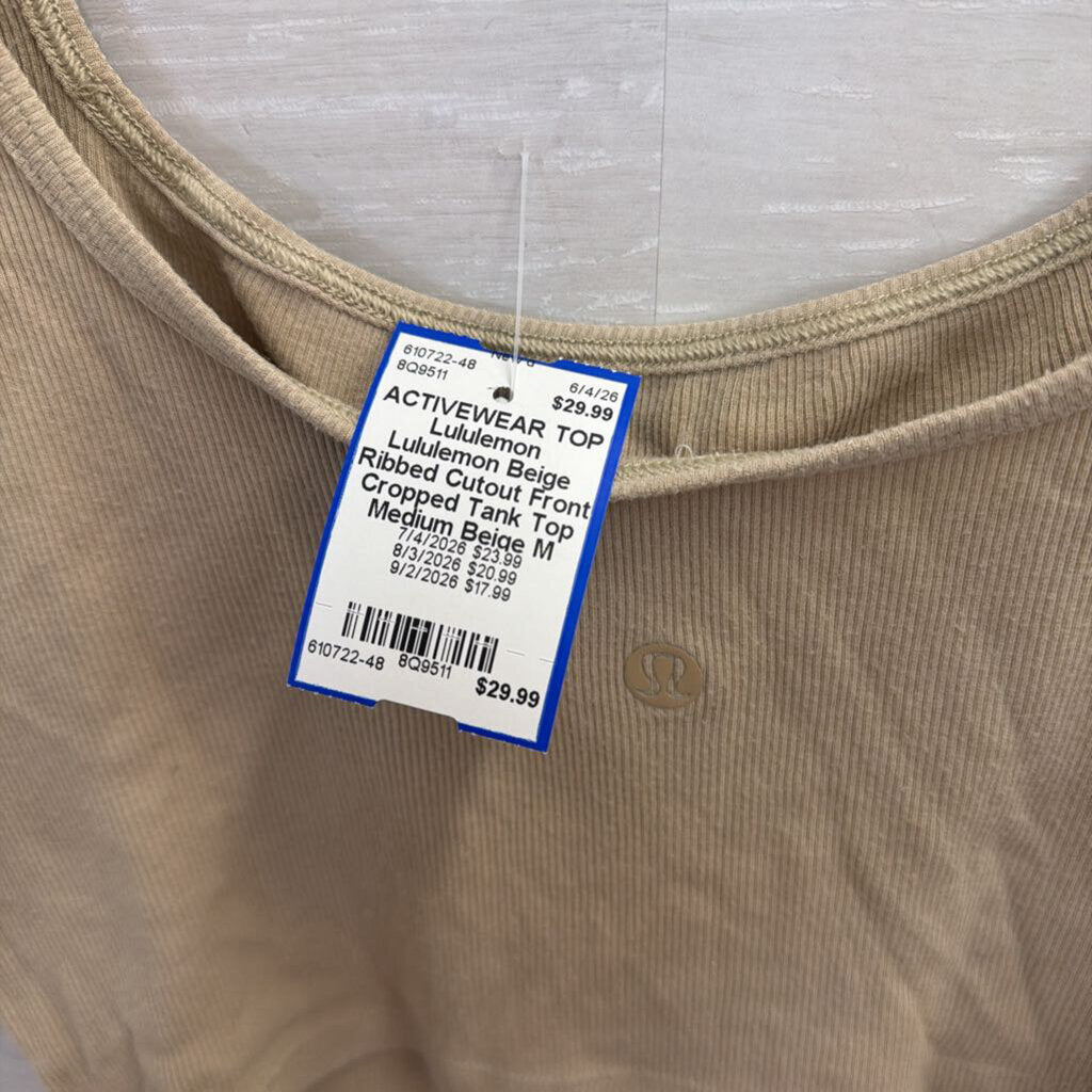Lululemon Beige Ribbed Cutout Front Cropped Tank Top Medium