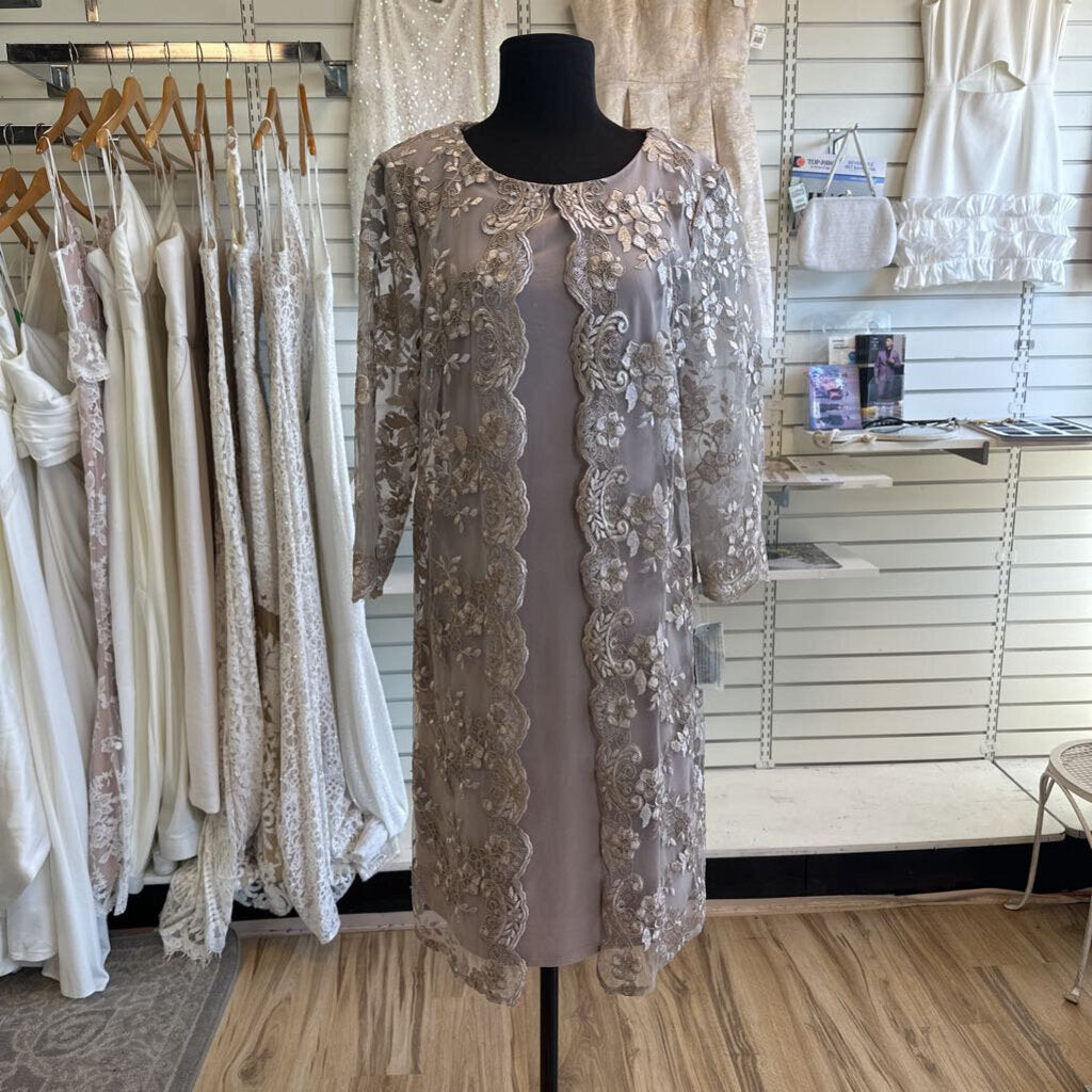 Alex Evenings Gold Lace Long Sleeve Overlay Short Formal Dress 6