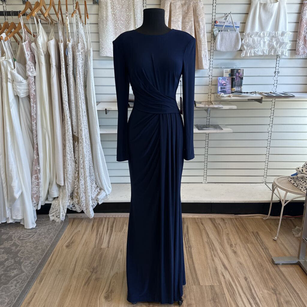 Vince Camuto Navy Long Sleeve Ruched Long Formal Dress 8
