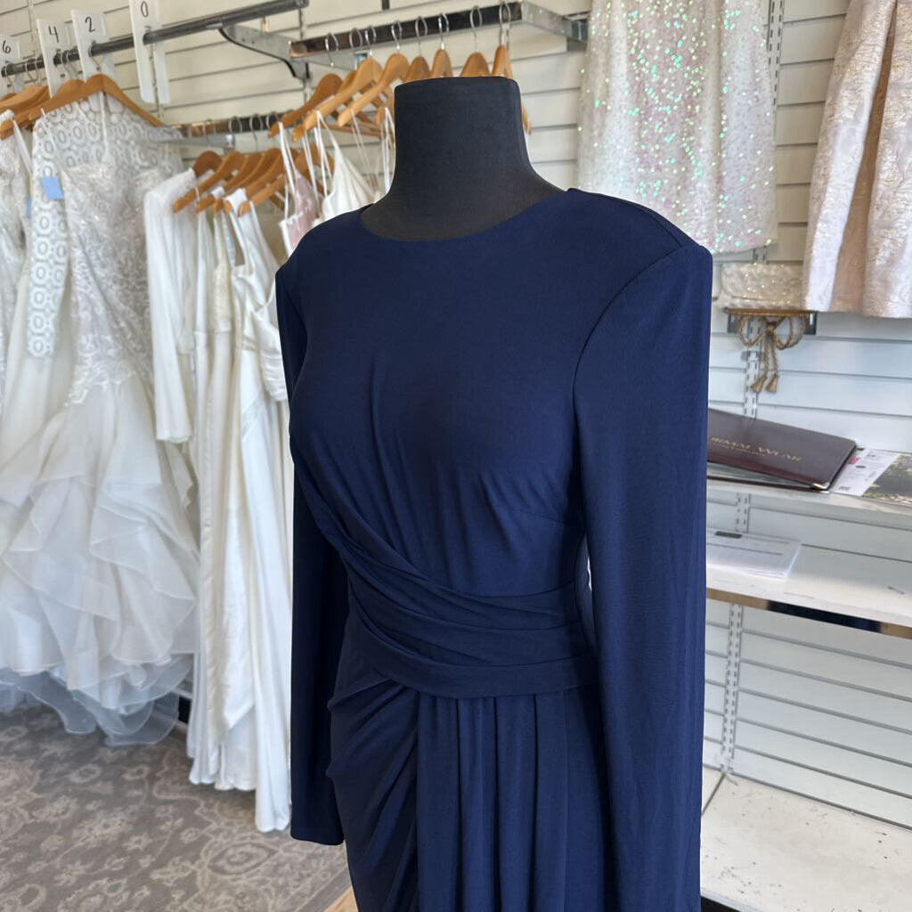 Vince Camuto Navy Long Sleeve Ruched Long Formal Dress 8