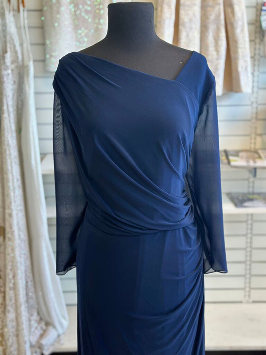 Adrianna Papell Navy Long Sleeve Sequin Back Long Formal Dress 20W