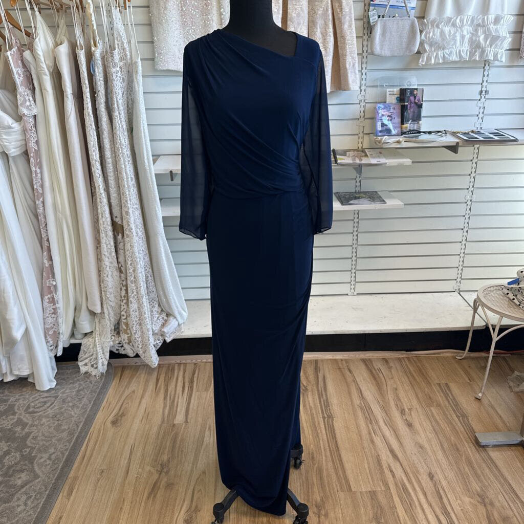 Adrianna Papell Navy Long Sleeve Sequin Back Long Formal Dress 20W