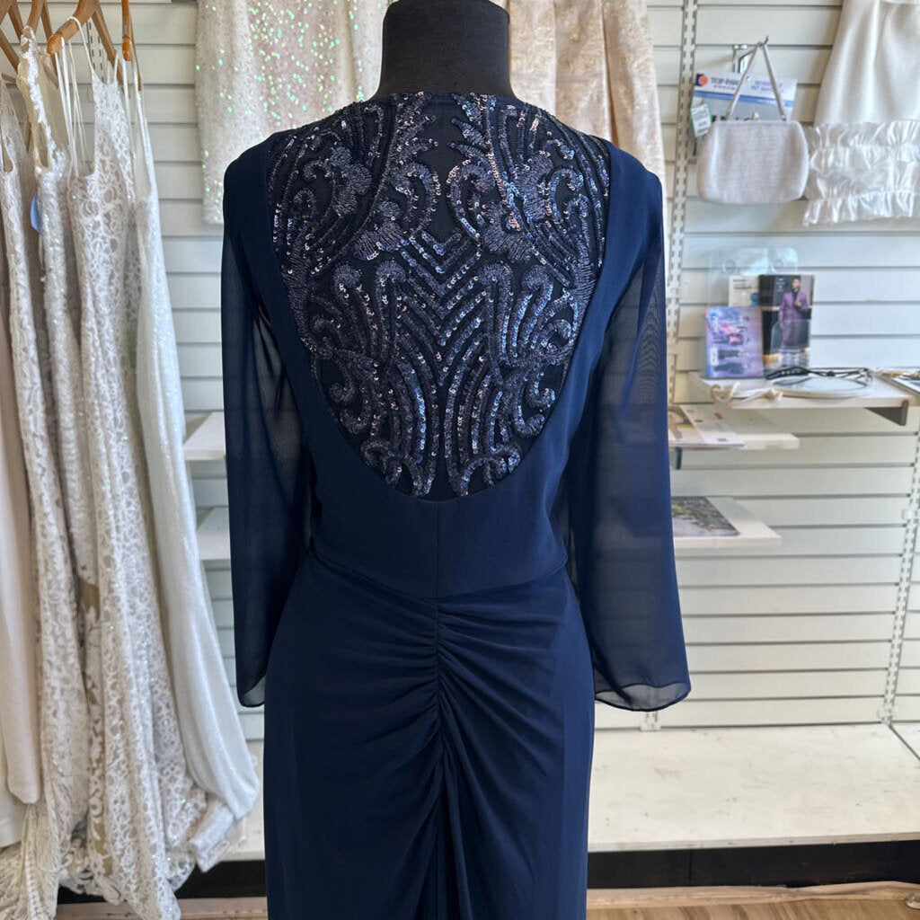 Adrianna Papell Navy Long Sleeve Sequin Back Long Formal Dress 20W