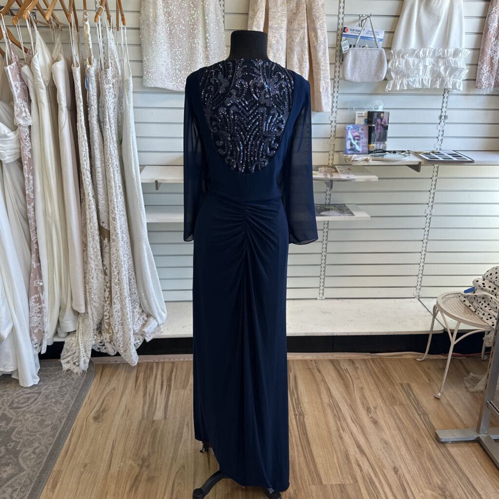 Adrianna Papell Navy Long Sleeve Sequin Back Long Formal Dress 20W