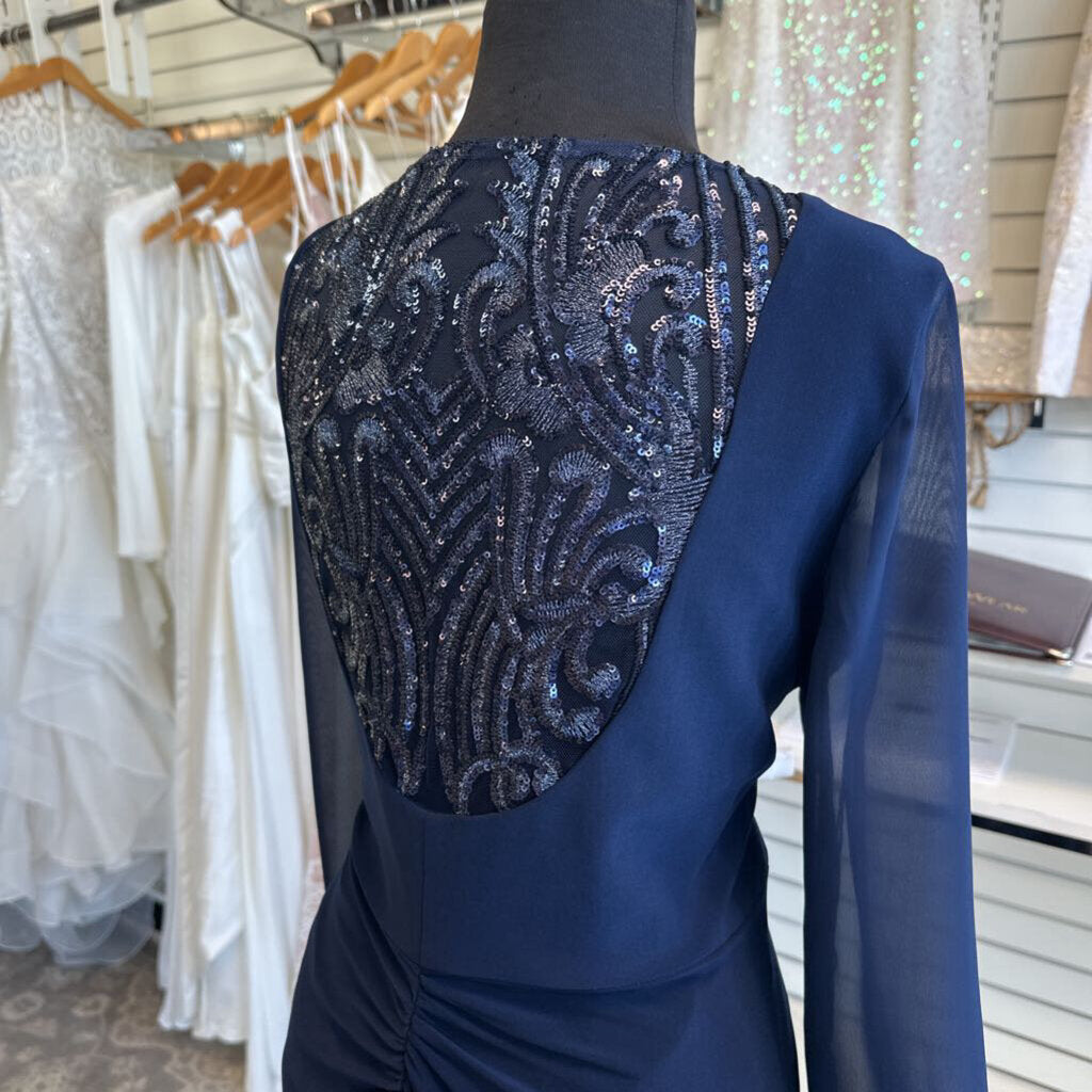 Adrianna Papell Navy Long Sleeve Sequin Back Long Formal Dress 20W