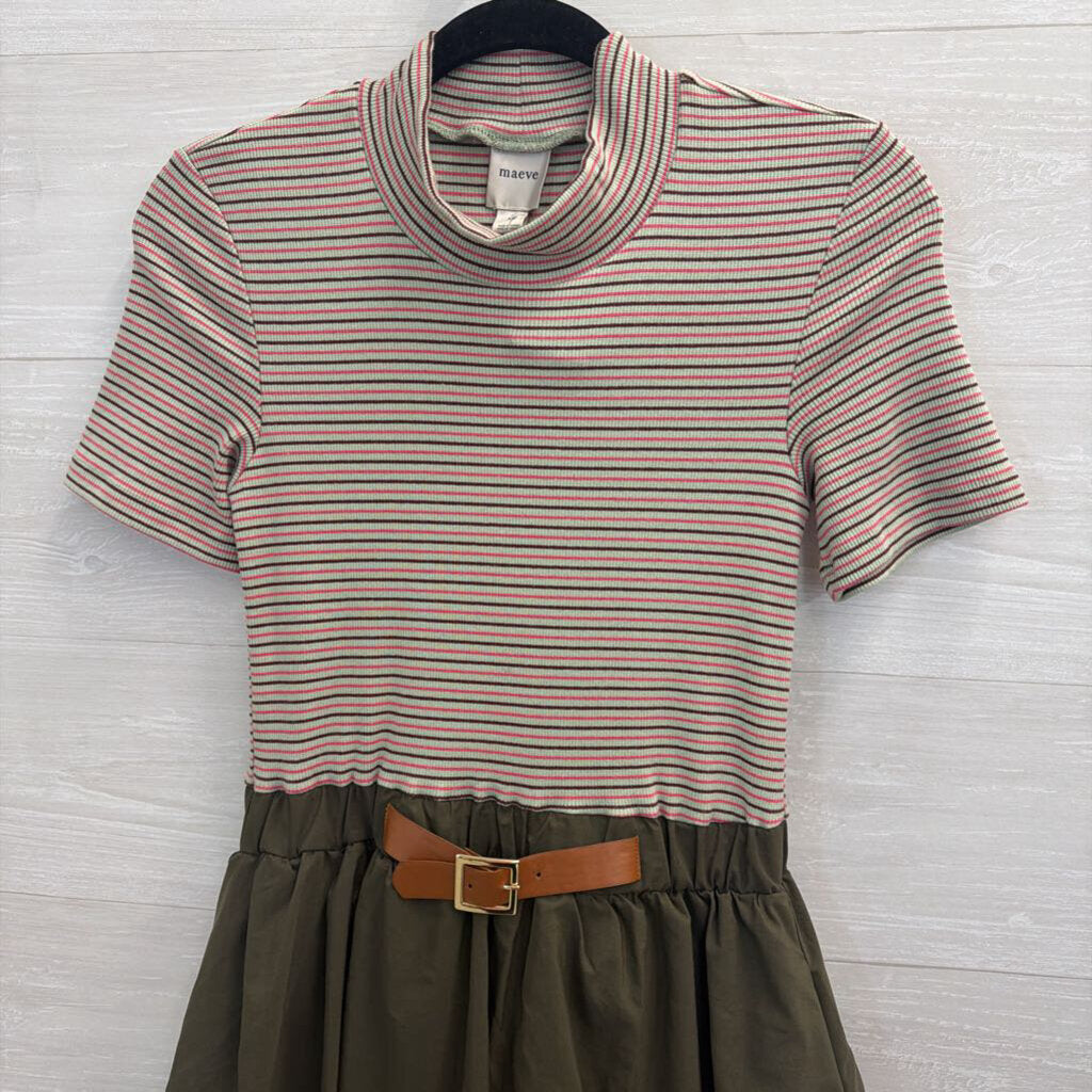 Maeve Green/ Multi Striped Short Sleeve Top Bubble Hem Skirt Belted Dress Extra Small
