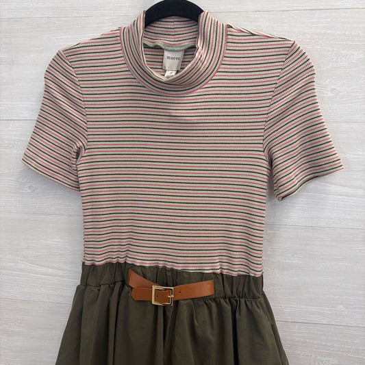 Maeve Green/ Multi Striped Short Sleeve Top Bubble Hem Skirt Belted Dress Extra Small