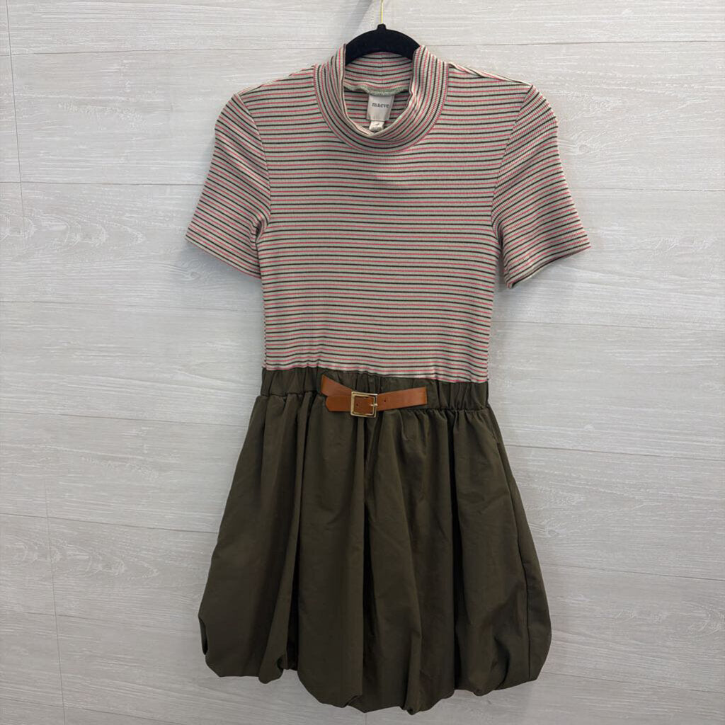 Maeve Green/ Multi Striped Short Sleeve Top Bubble Hem Skirt Belted Dress Extra Small