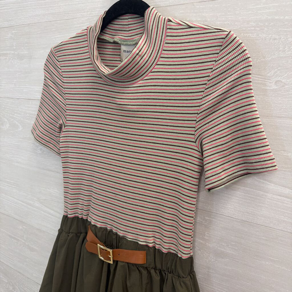 Maeve Green/ Multi Striped Short Sleeve Top Bubble Hem Skirt Belted Dress Extra Small