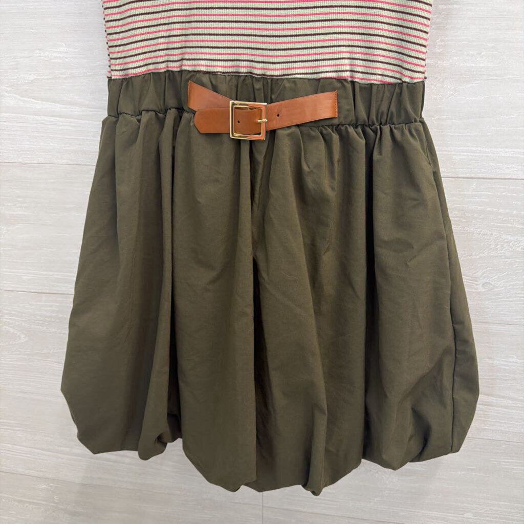 Maeve Green/ Multi Striped Short Sleeve Top Bubble Hem Skirt Belted Dress Extra Small