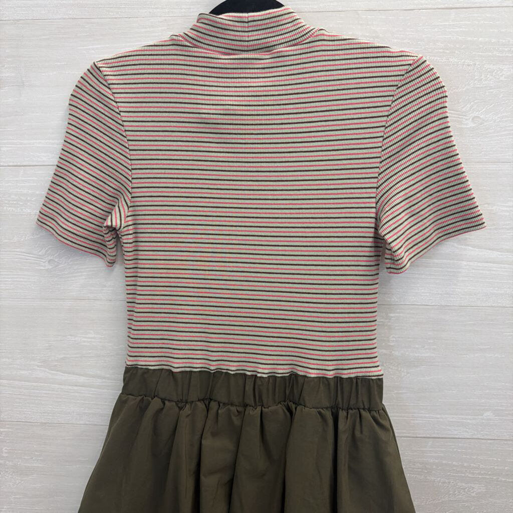 Maeve Green/ Multi Striped Short Sleeve Top Bubble Hem Skirt Belted Dress Extra Small