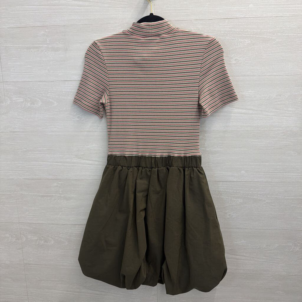 Maeve Green/ Multi Striped Short Sleeve Top Bubble Hem Skirt Belted Dress Extra Small