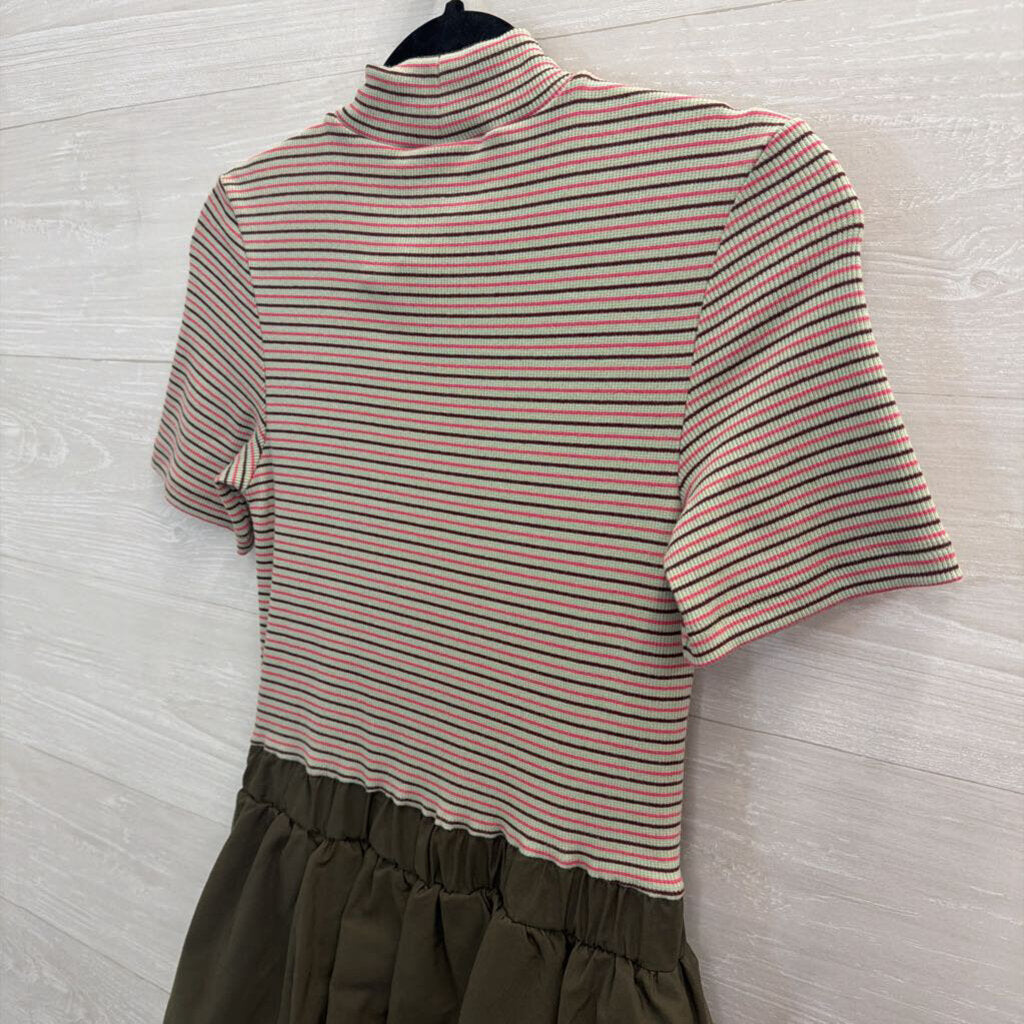 Maeve Green/ Multi Striped Short Sleeve Top Bubble Hem Skirt Belted Dress Extra Small