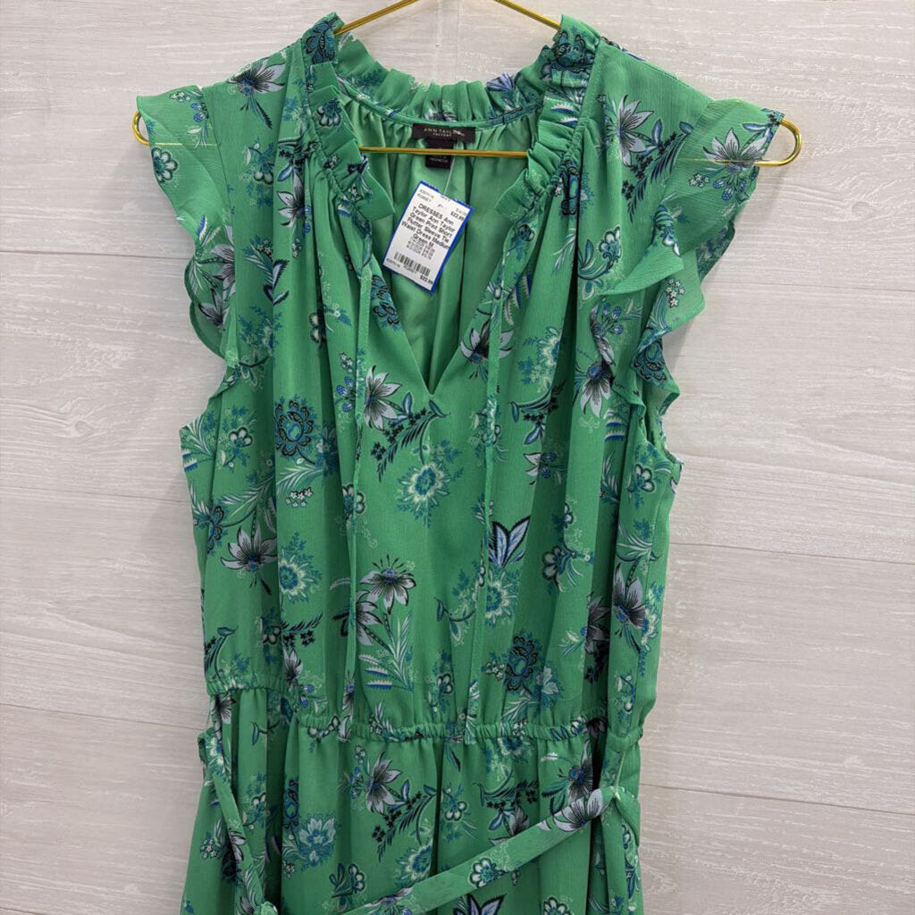 Ann Taylor Green Print Short Flutter Sleeve Tie Waist Dress Medium