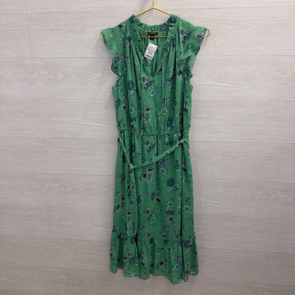 Ann Taylor Green Print Short Flutter Sleeve Tie Waist Dress Medium