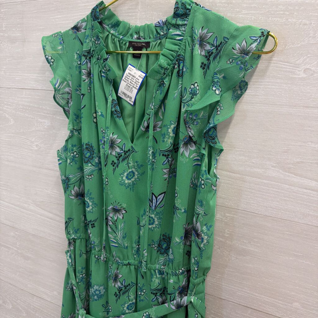 Ann Taylor Green Print Short Flutter Sleeve Tie Waist Dress Medium