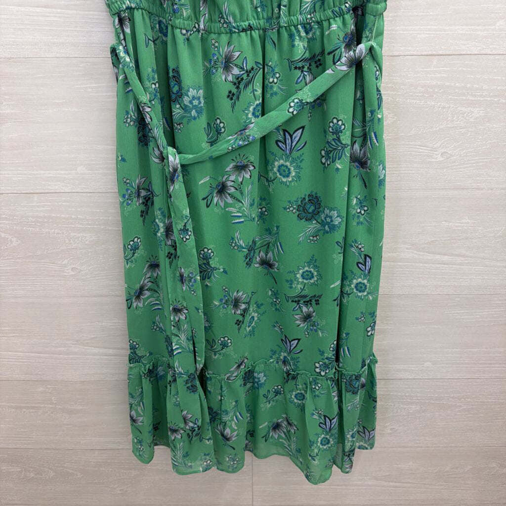 Ann Taylor Green Print Short Flutter Sleeve Tie Waist Dress Medium