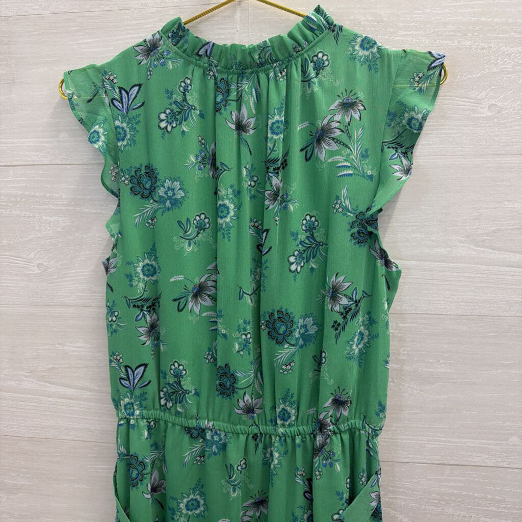 Ann Taylor Green Print Short Flutter Sleeve Tie Waist Dress Medium