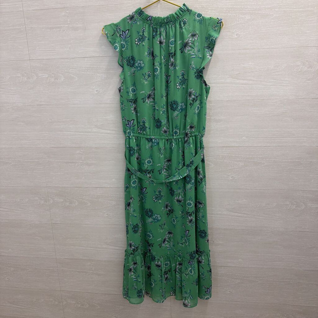 Ann Taylor Green Print Short Flutter Sleeve Tie Waist Dress Medium