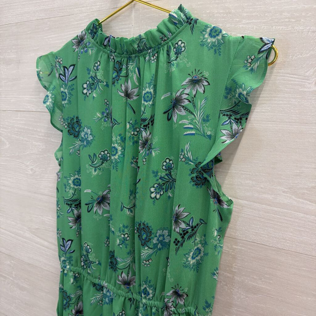 Ann Taylor Green Print Short Flutter Sleeve Tie Waist Dress Medium