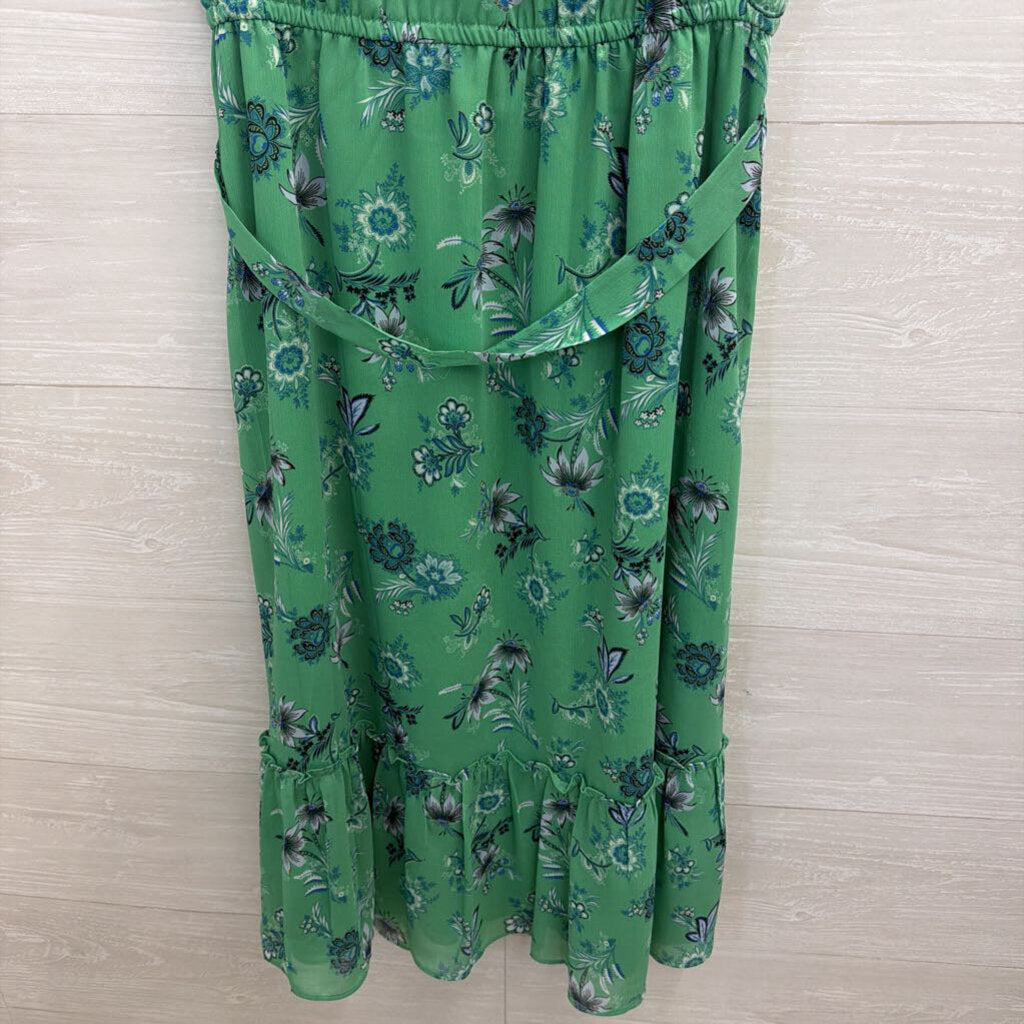 Ann Taylor Green Print Short Flutter Sleeve Tie Waist Dress Medium