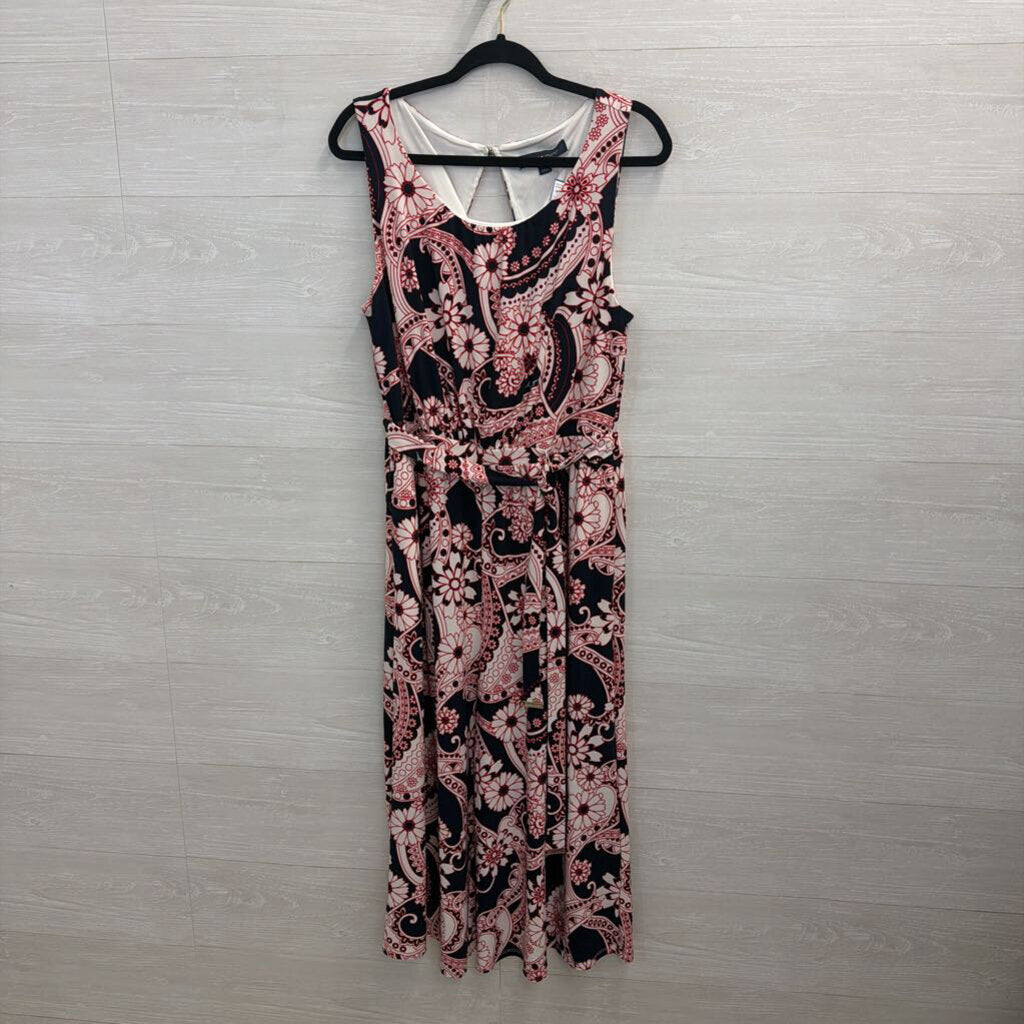 Tommy Hilfiger Navy/ Red/ White Print Sleeveless Tie Waist Dress Medium