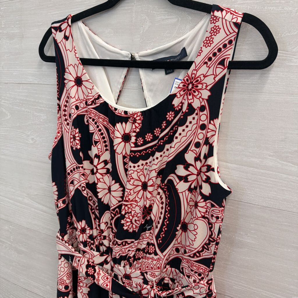 Tommy Hilfiger Navy/ Red/ White Print Sleeveless Tie Waist Dress Medium