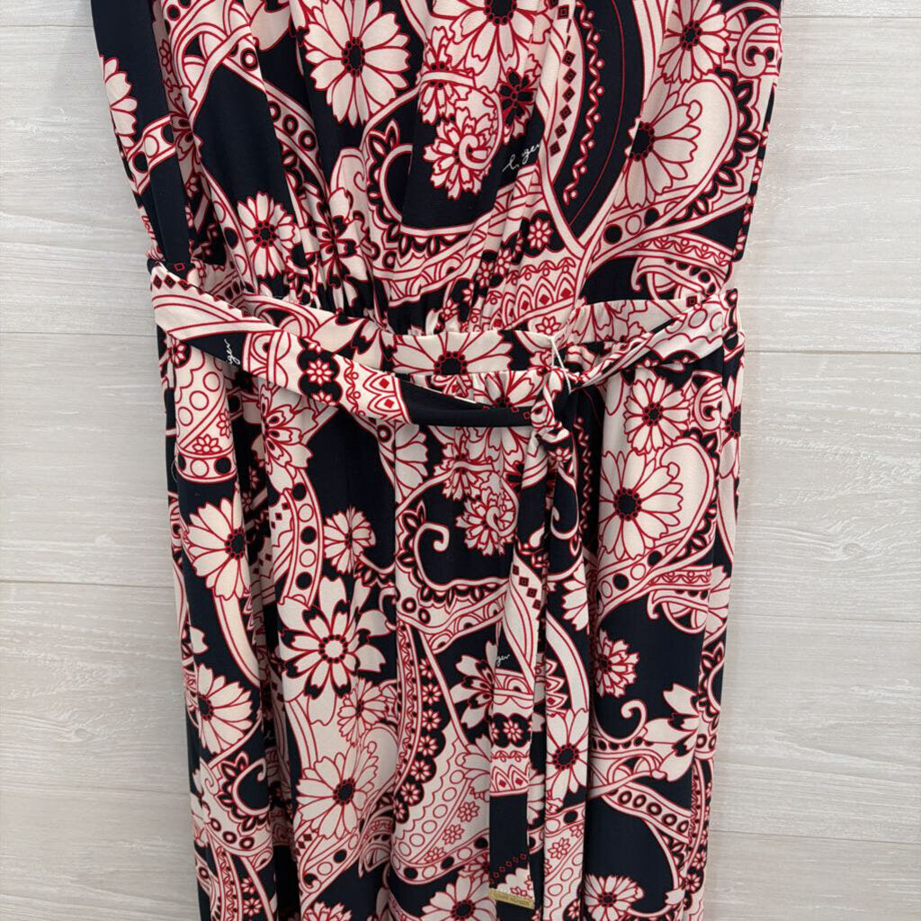 Tommy Hilfiger Navy/ Red/ White Print Sleeveless Tie Waist Dress Medium