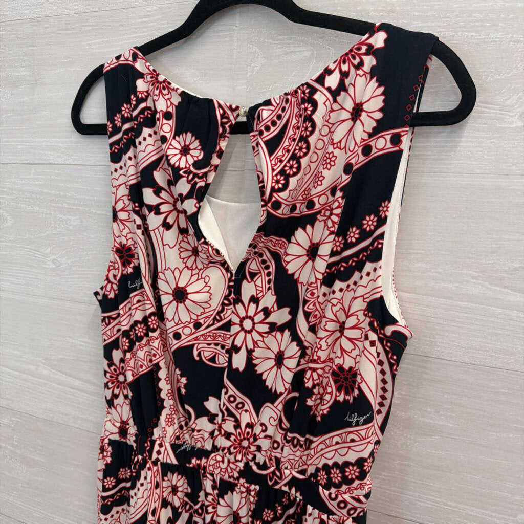 Tommy Hilfiger Navy/ Red/ White Print Sleeveless Tie Waist Dress Medium