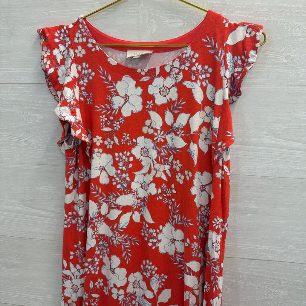 Loft Red/ White Print Short Flutter Sleeve Dress Medium
