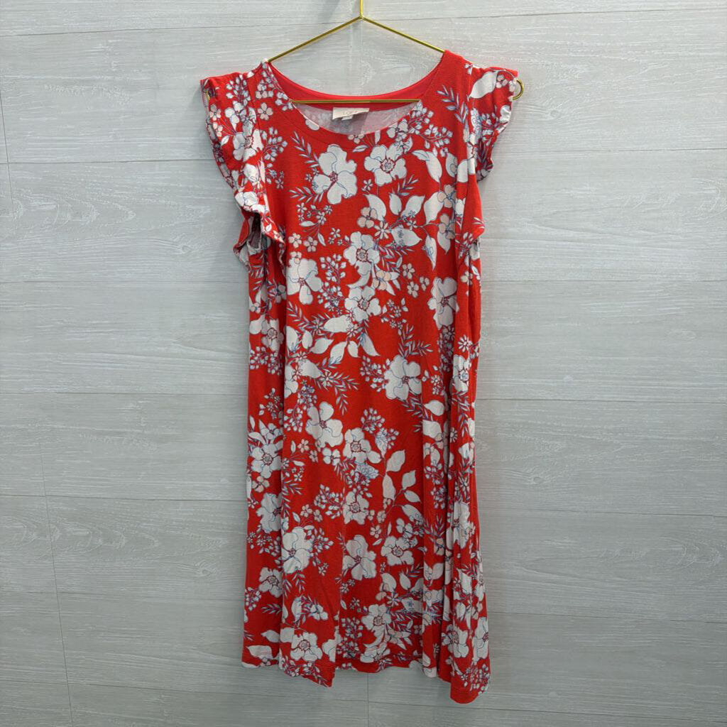 Loft Red/ White Print Short Flutter Sleeve Dress Medium