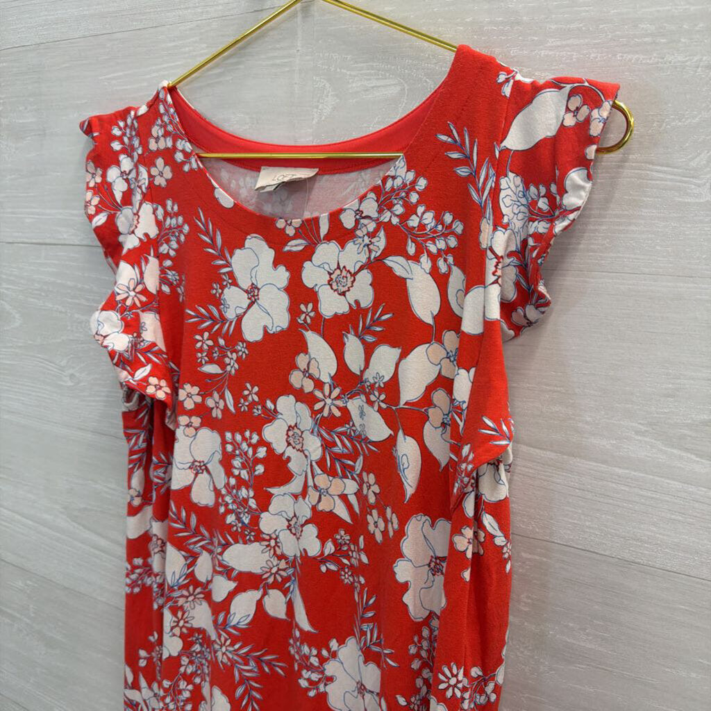 Loft Red/ White Print Short Flutter Sleeve Dress Medium