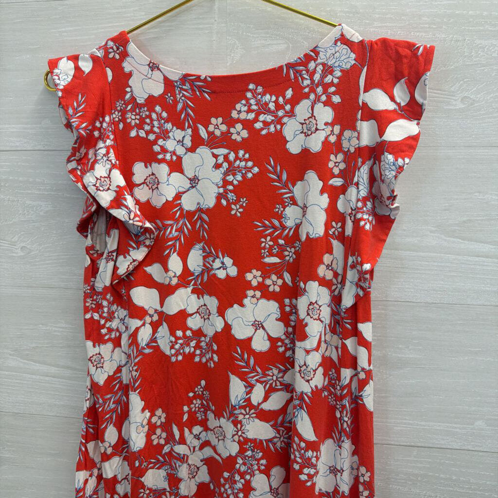 Loft Red/ White Print Short Flutter Sleeve Dress Medium