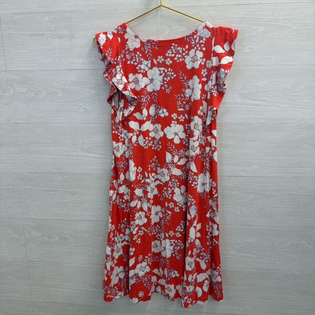 Loft Red/ White Print Short Flutter Sleeve Dress Medium