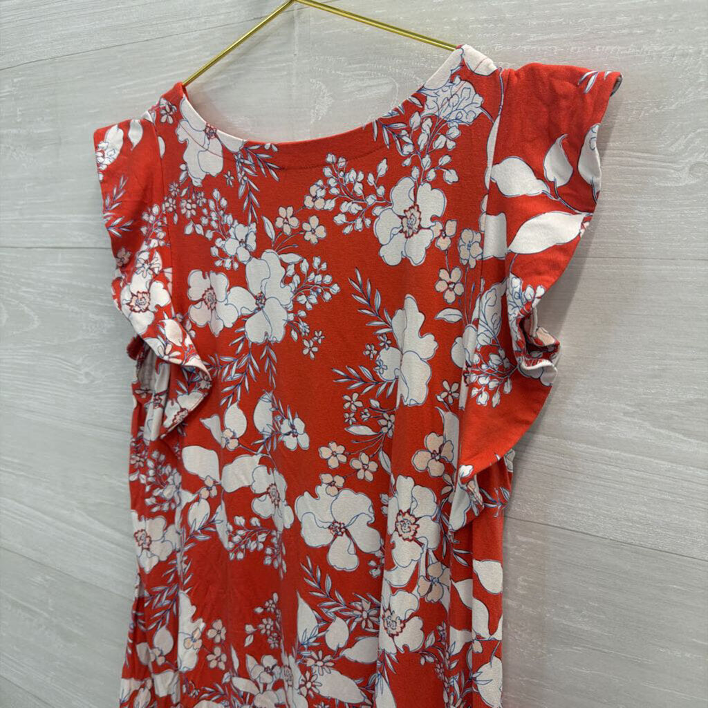 Loft Red/ White Print Short Flutter Sleeve Dress Medium