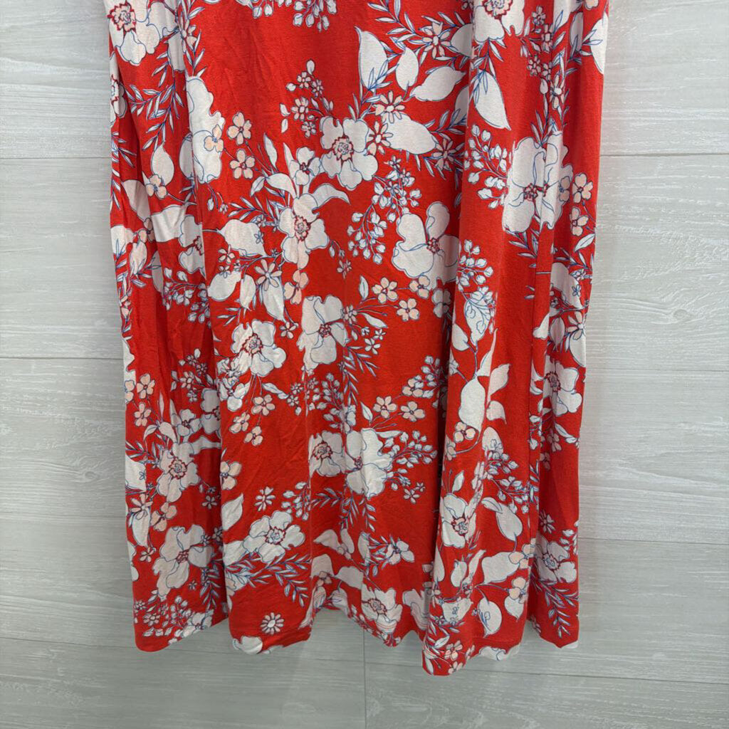 Loft Red/ White Print Short Flutter Sleeve Dress Medium