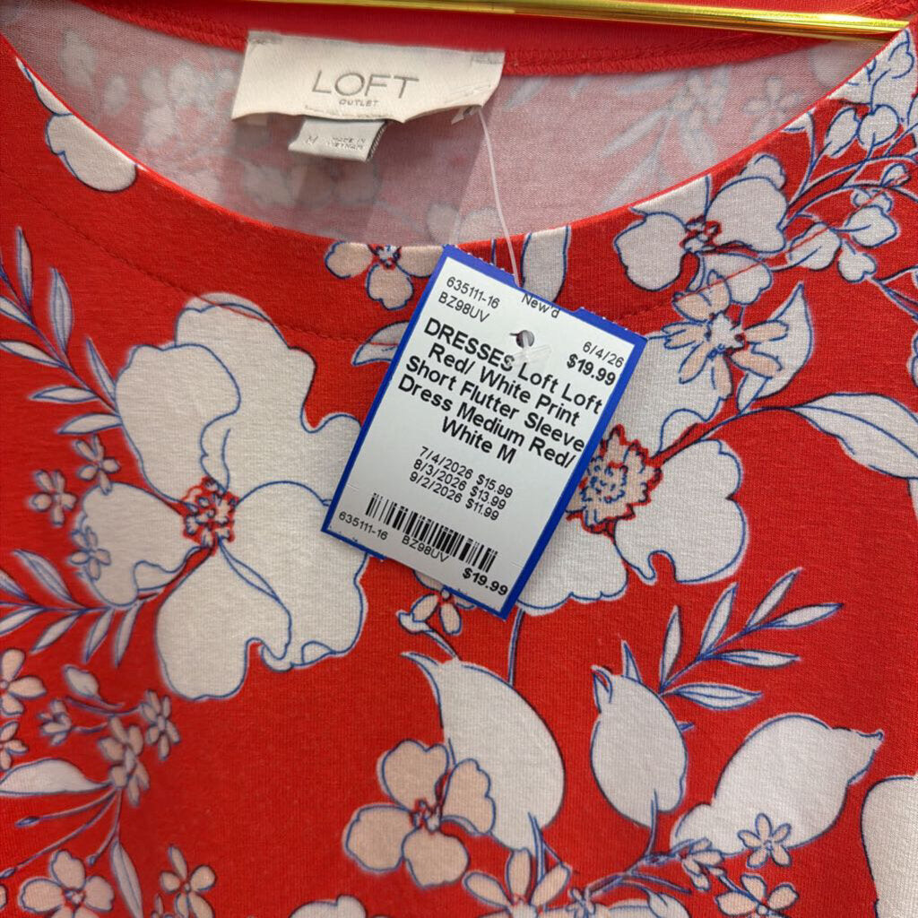 Loft Red/ White Print Short Flutter Sleeve Dress Medium