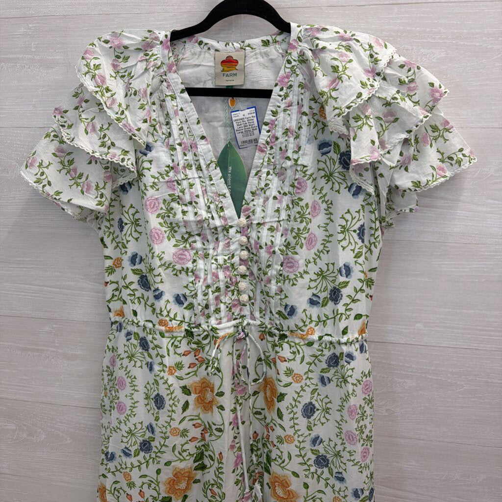 Farm Rio White/ Multi Folk Floral Lace Midi Short Sleeve Dress Extra Large