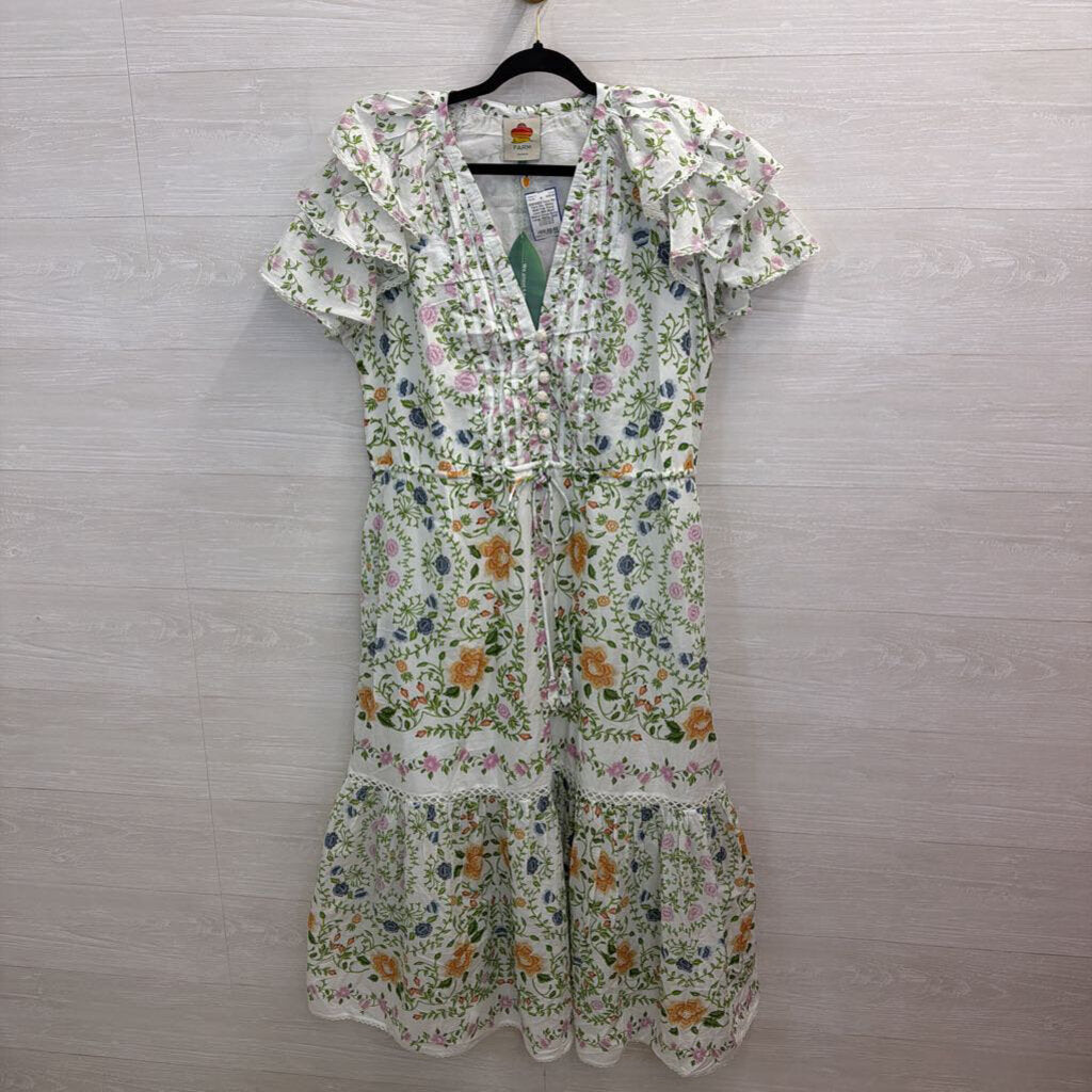 Farm Rio White/ Multi Folk Floral Lace Midi Short Sleeve Dress Extra Large