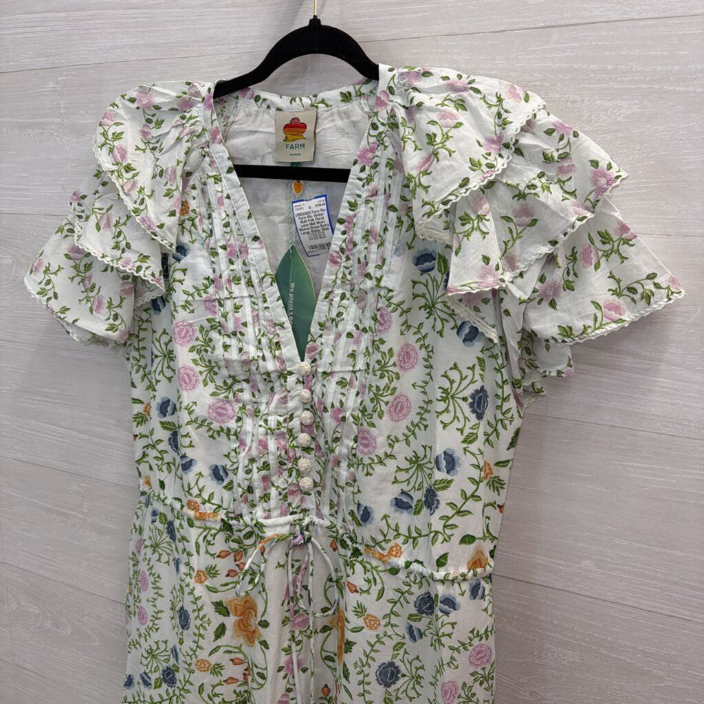 Farm Rio White/ Multi Folk Floral Lace Midi Short Sleeve Dress Extra Large