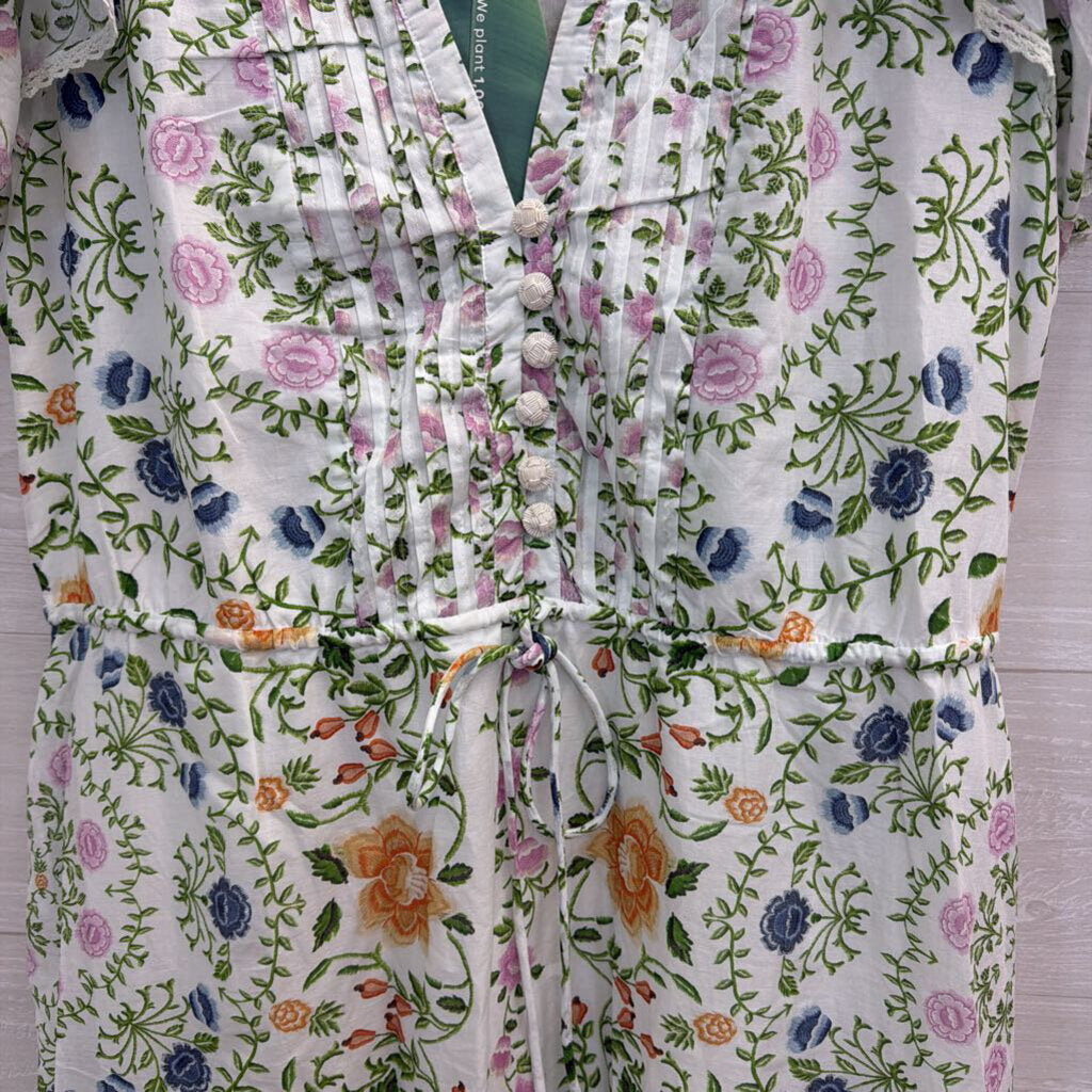 Farm Rio White/ Multi Folk Floral Lace Midi Short Sleeve Dress Extra Large