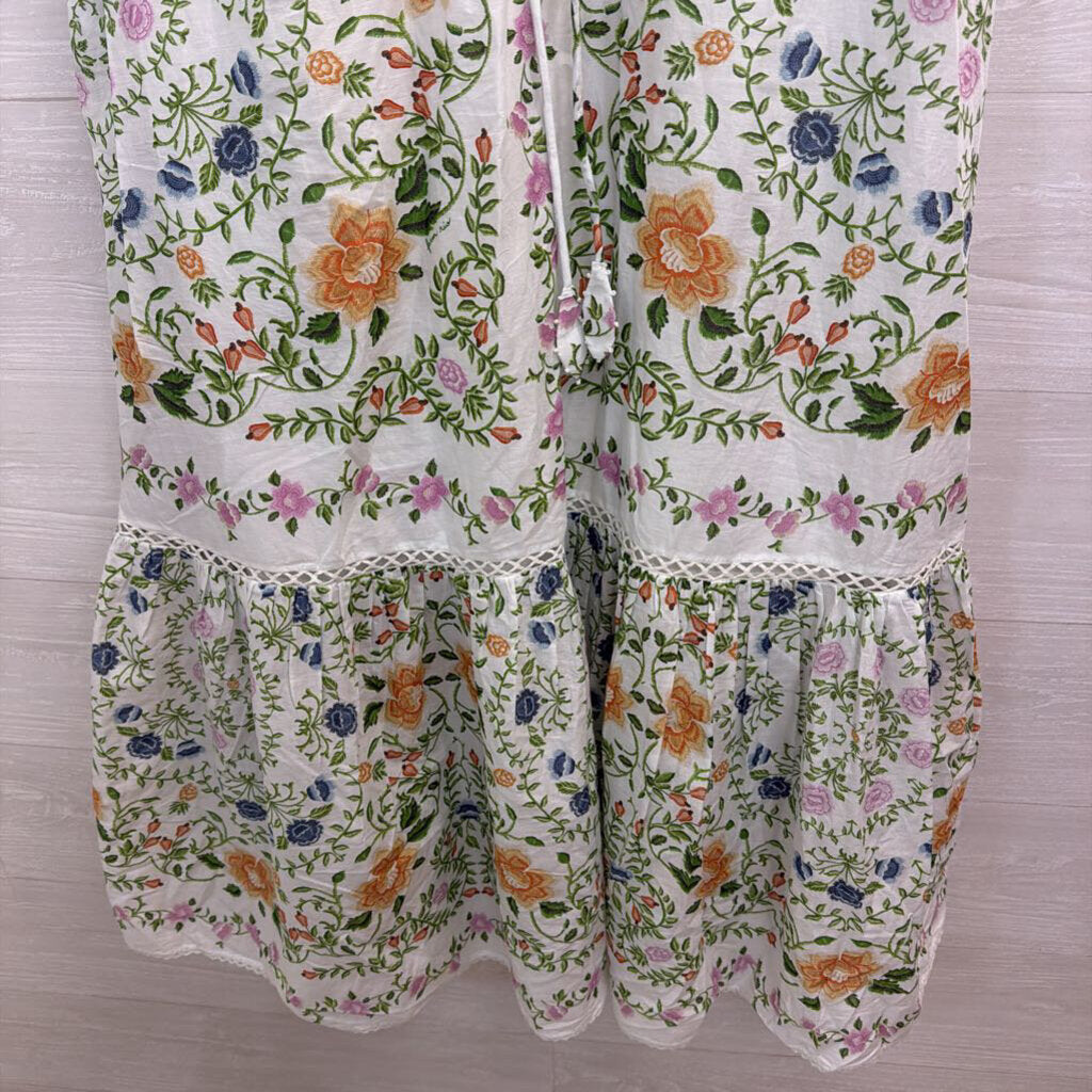 Farm Rio White/ Multi Folk Floral Lace Midi Short Sleeve Dress Extra Large