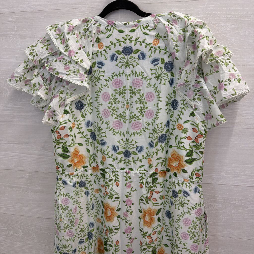 Farm Rio White/ Multi Folk Floral Lace Midi Short Sleeve Dress Extra Large