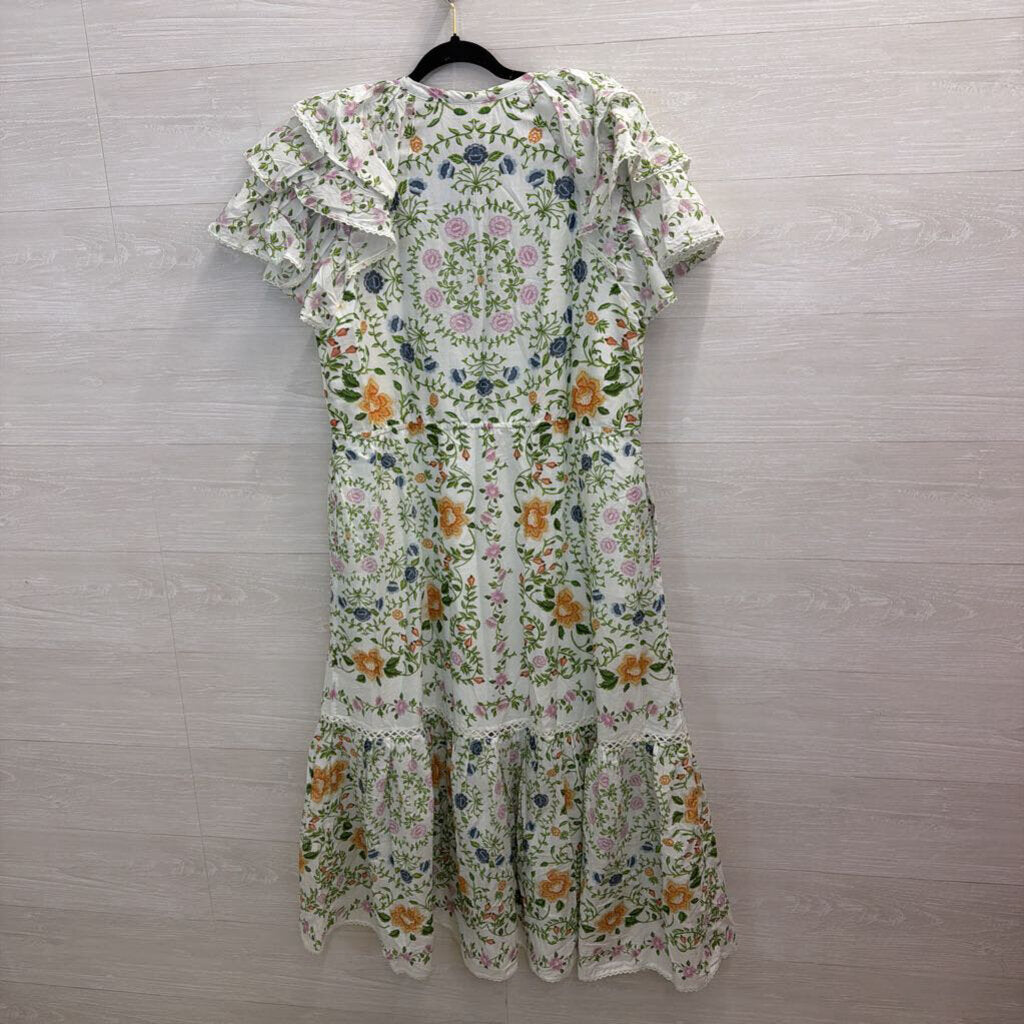 Farm Rio White/ Multi Folk Floral Lace Midi Short Sleeve Dress Extra Large