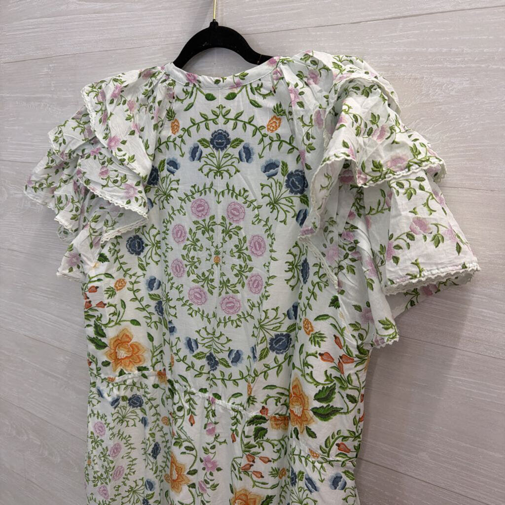 Farm Rio White/ Multi Folk Floral Lace Midi Short Sleeve Dress Extra Large